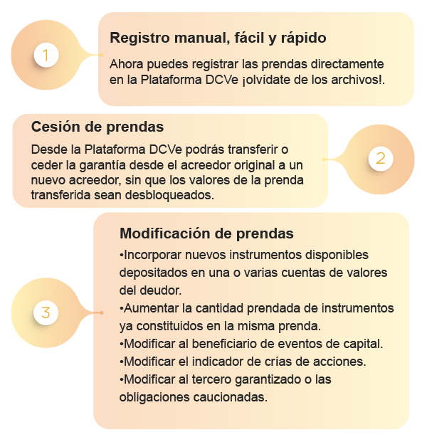 Revisa aquí los principales beneficios del Servicio Prenda Especial - Prenda 100% electrónica - Ahorro de tiempo en registros (SLA aprox. 5 seg.) - Bajos costos (0,3 UF por instrucción) - Acceso a las distintas funcionalidades del servicio -  Ejecución de garantías sin proceso judicial -  Interfaz simple y rápida con DCVe