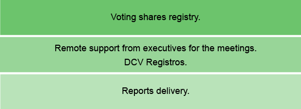 1-Registro de votación por porcentajes.  2-Apoyo en asambleas con apoyo remoto de ejecutivos DCV Registros.  3-Entrega de informes.