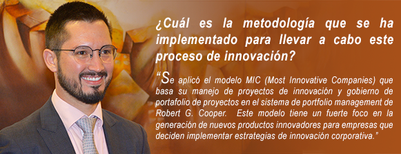 ¿Cuál es la metodología que se ha implementado para llevar a cabo este proceso de innovación? “Se aplicó el modelo MIC (Most Innovative Companies) que basa su manejo de proyectos de innovación y gobierno de portafolio de proyectos en el sistema de portfolio management de Robert G. Cooper.  Este modelo tiene un fuerte foco en la generación de nuevos productos innovadores para empresas que deciden implementar estrategias de innovación corporativa.”